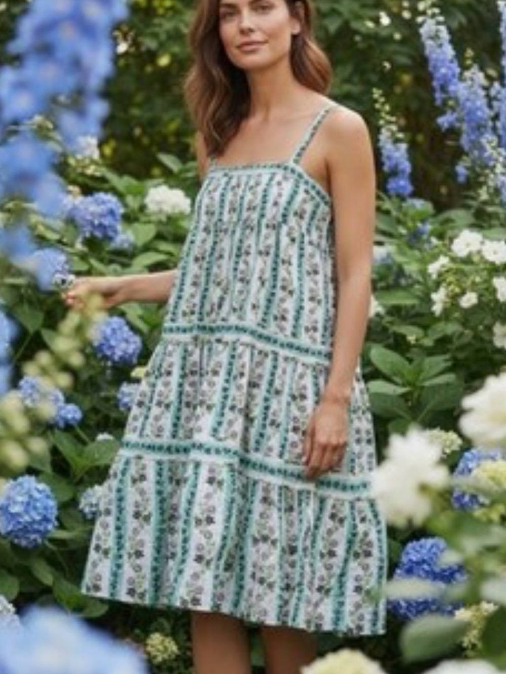 Maison Tara White Floral Green-Striped Tiered Midi Dress